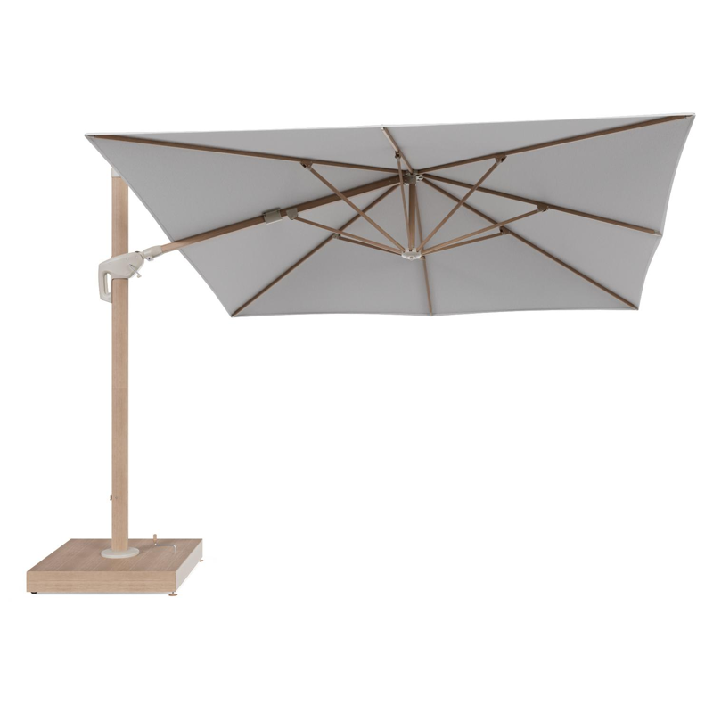 Minore zweefparasol met tiltfunctie in houtlook aluminium en Ego Birch All Weather Solica parasoldoek - L1 350 x L2 350 cm met parasolvoet Minore 260 kg met wielen