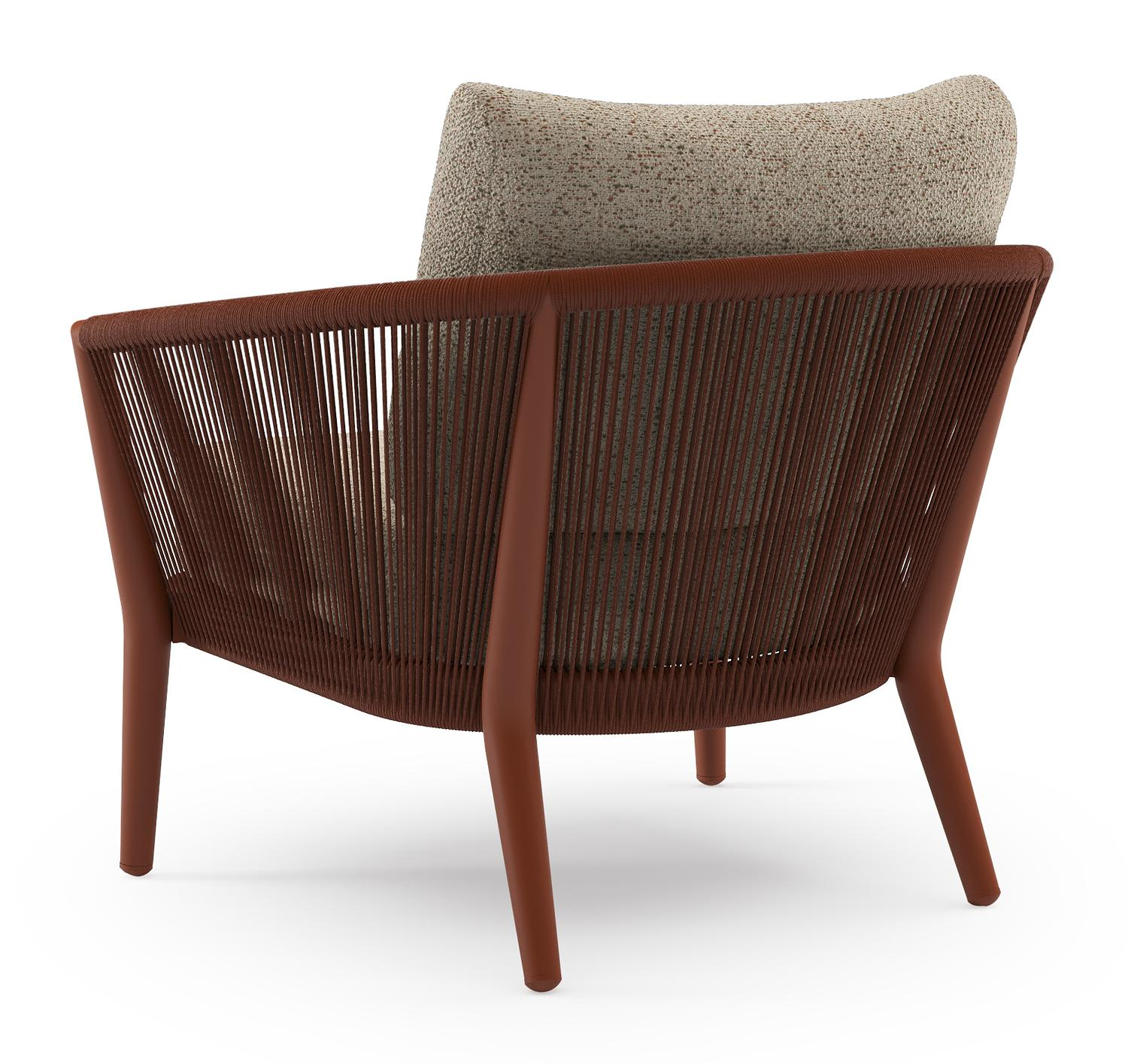 Orso loungestoel in roestbruin aluminium en roestbruin verticaal geweven ronde rope met Bora Jungle all weather cosytica kussen