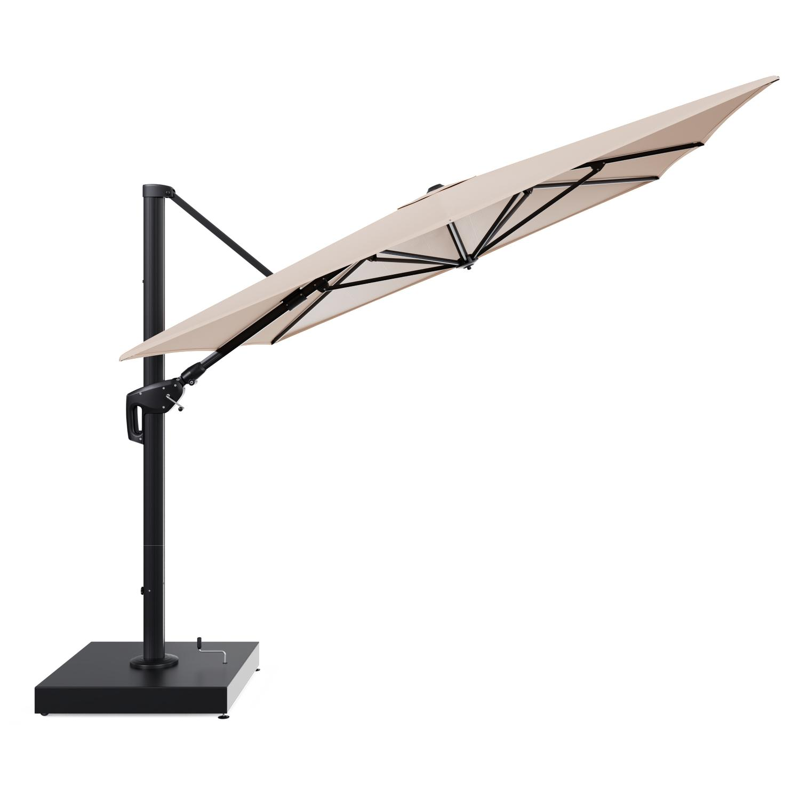 Minore zweefparasol met tiltfunctie in zwart aluminium en Natte Linen Chalk All Weather Sunbrella® Luxe parasoldoek - L1 400 x L2 300 cm met parasolvoet Minore 260 kg met wielen