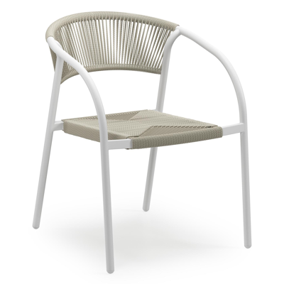Melo stapelbare tuinstoel in wit aluminium en beige gedraaide ronde wicker