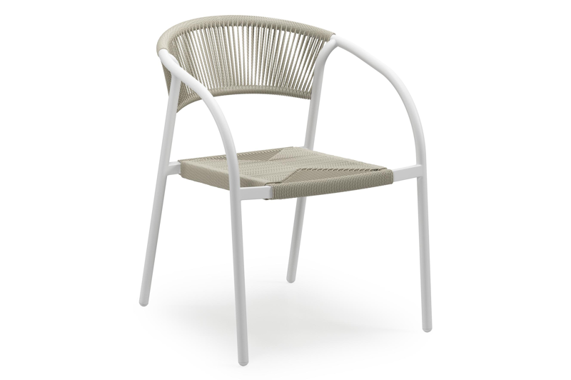 Melo stapelbare tuinstoel in wit aluminium en beige gedraaide ronde wicker