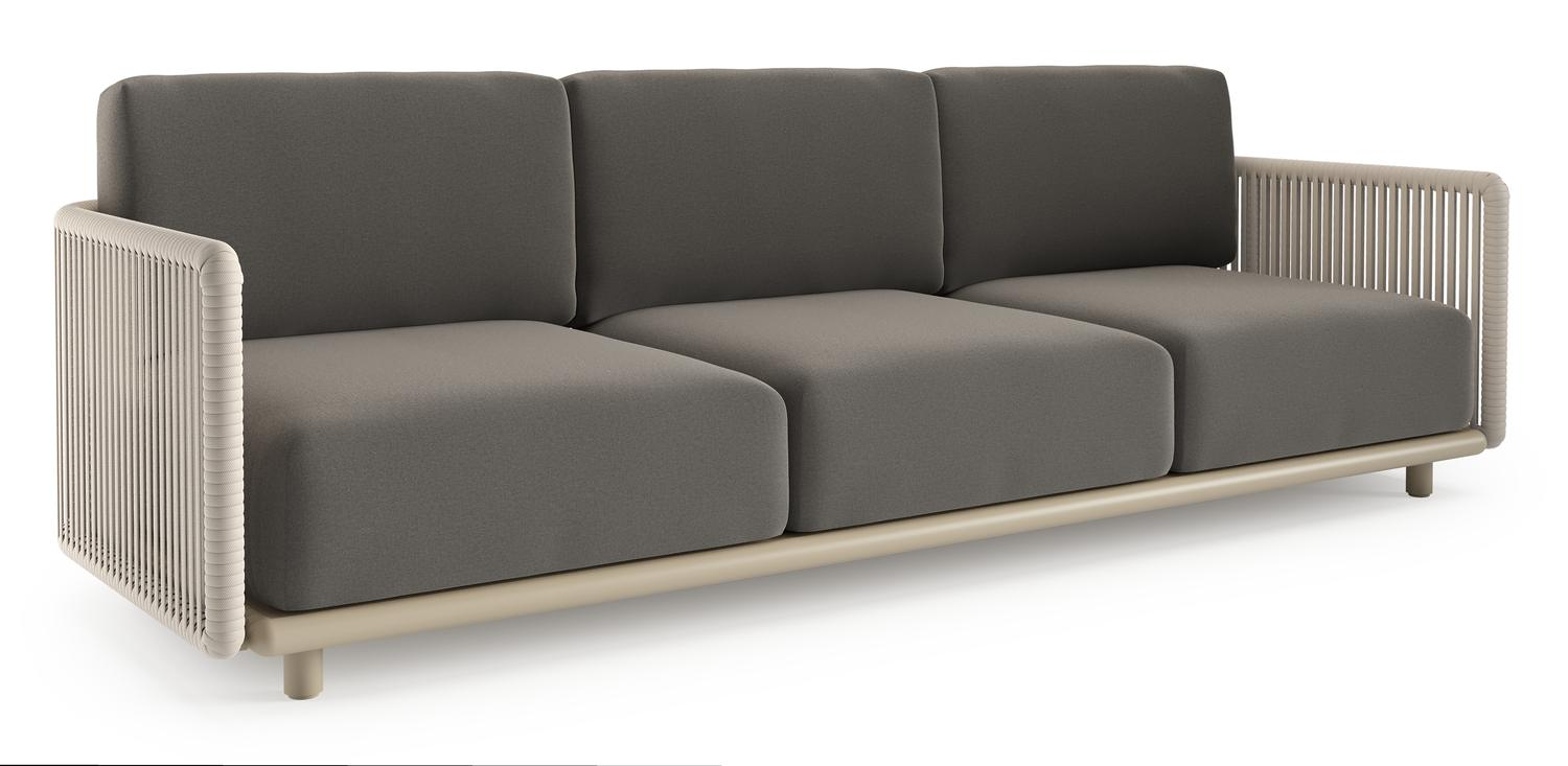 Canapé de jardin Organo en aluminium beige et corde luxe plate tissée verticalement beige et coussin en all weather Sunbrella® luxe natte dark taupe