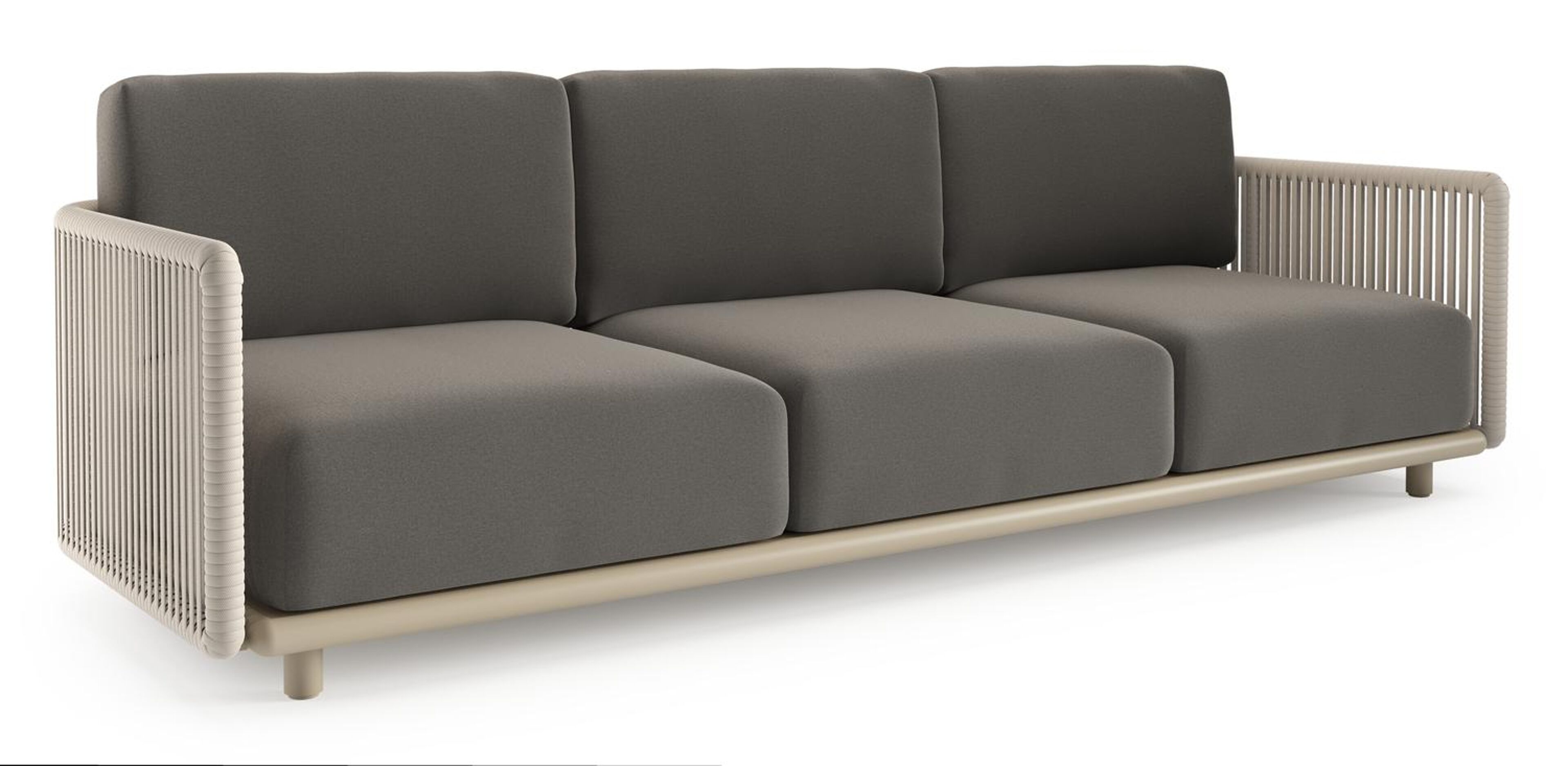 Canapé de jardin Organo en aluminium beige et corde luxe plate tissée verticalement beige et coussin en all weather Sunbrella® luxe natte dark taupe