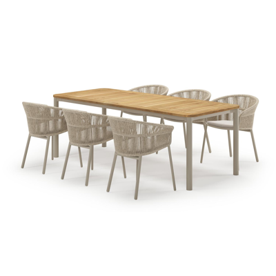Mira rechthoekige afgeronde tuinset in beige aluminium en teak natural finish met 6 Matera tuinstoelen