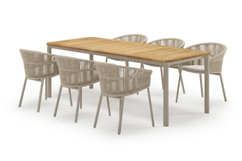 Mira rechthoekige afgeronde tuinset in beige aluminium en teak natural finish met 6 Matera tuinstoelen