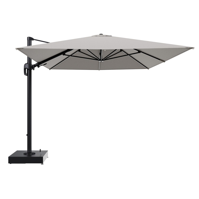 Rufina zweefparasol met tiltfunctie in zwart aluminium en Firenze Sand All Weather Solica parasoldoek - L1 400 x L2 300 cm met parasolvoet Minore 150 kg met wielen