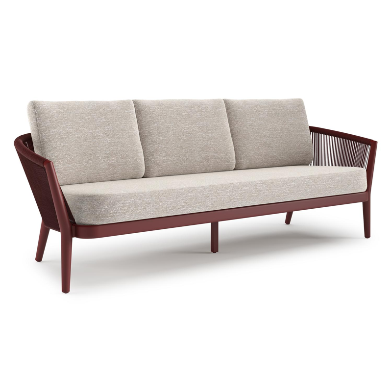 Canapé de jardin Orso en aluminium ruby en corde ronde tissée verticalement ruby et coussins en all weather sunbrella® luxe Tundra Sand