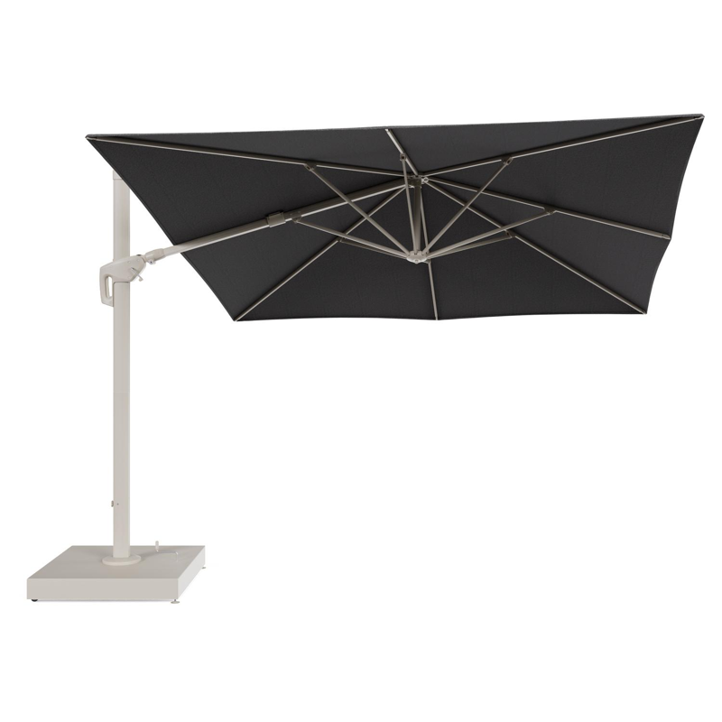 Minore zweefparasol met tiltfunctie in beige aluminium en Firenze Tunder All Weather Solica parasoldoek - L1 350 x L2 350 cm met parasolvoet Minore 260 kg met wielen
