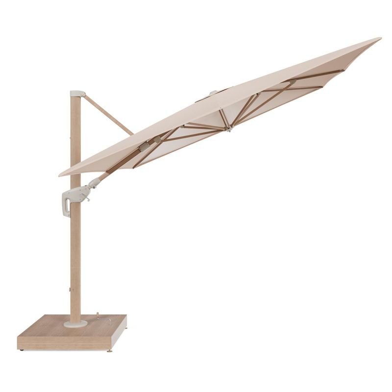 Minore zweefparasol met tiltfunctie in houtlook aluminium en Natte Linen Chalk All Weather Sunbrella® Luxe parasoldoek - L1 400 x L2 300 cm met parasolvoet Minore 260 kg met wielen