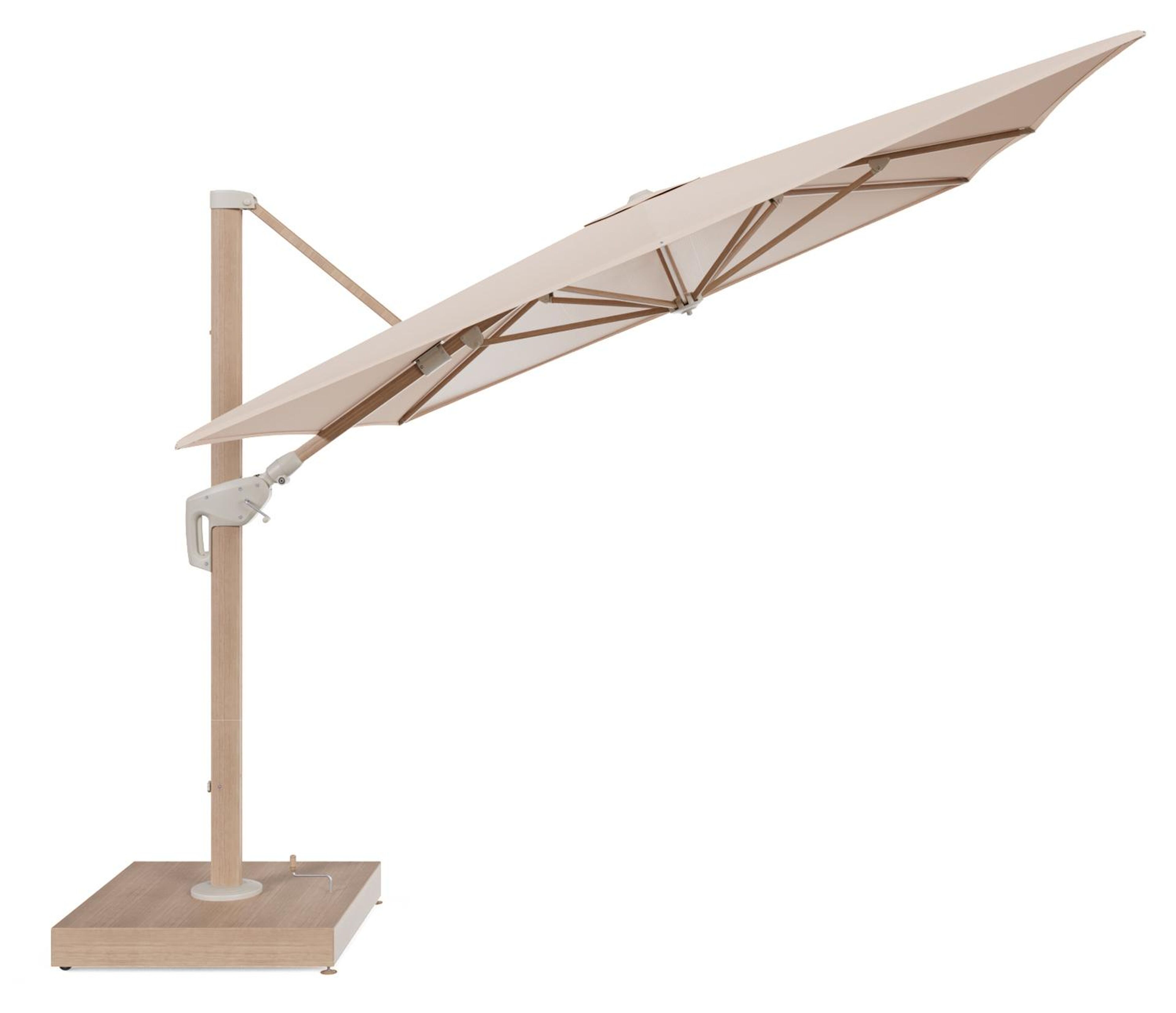 Minore zweefparasol met tiltfunctie in houtlook aluminium en Natte Linen Chalk All Weather Sunbrella® Luxe parasoldoek - L1 400 x L2 300 cm met parasolvoet Minore 260 kg met wielen
