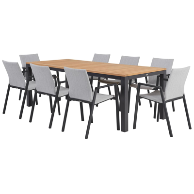 Varese tuinset in zwart aluminium en naturel teak tafelblad met 8 stapelbare Madura tuinstoelen