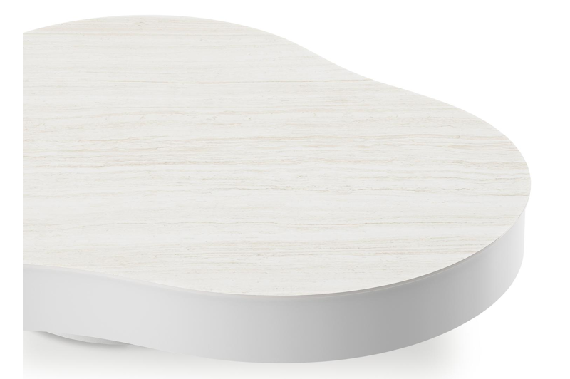 Table de basse Lomano en aluminium blanc et céramique pleine Calista - Lg. 131 x Lrg. 108 x Haut. 8 cm