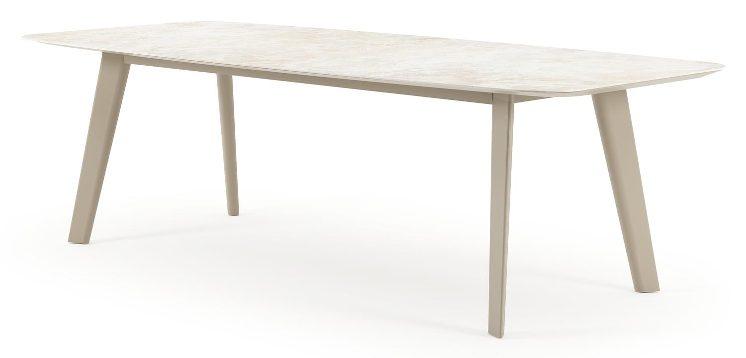 Table de jardin Lacirma forme de bateau en aluminium beige et céramique pleine Rapolano Lg. 255 x Lrg. 115 cm