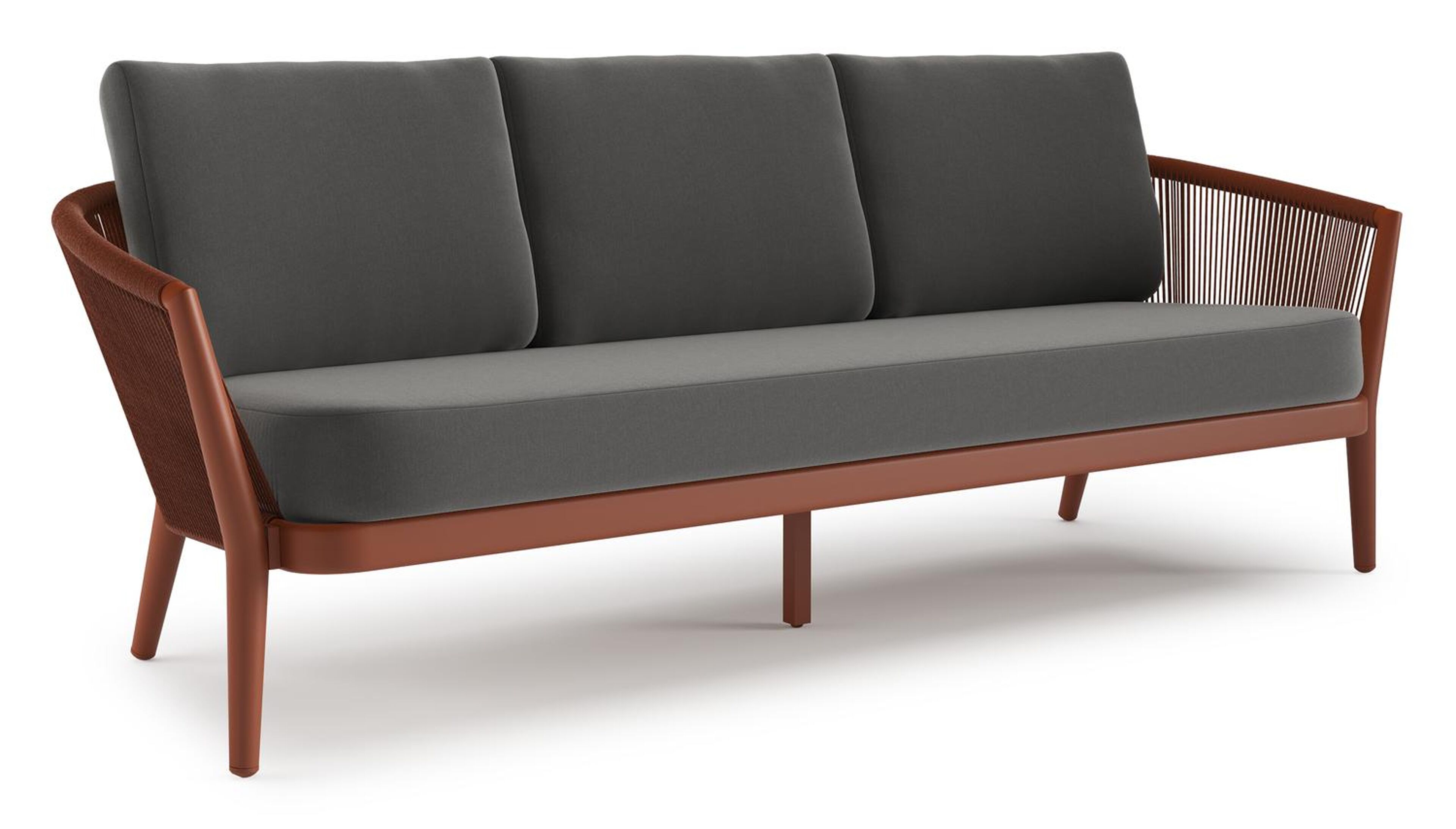 Orso loungebank in roestbruin aluminium en roestbruin verticaal geweven ronde rope met Natte Charcoal Chine all weather sunbrella® luxe kussen