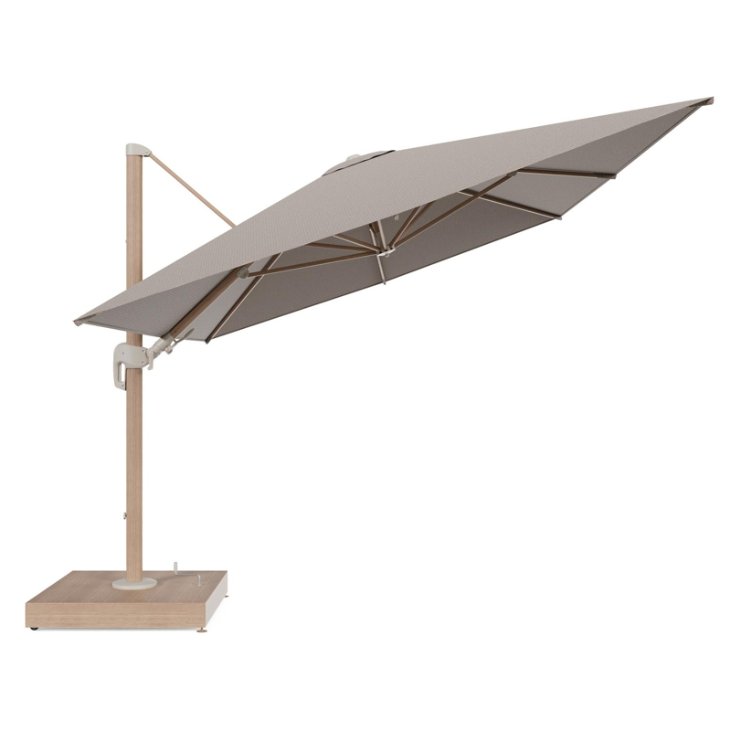 Rufina zweefparasol met tiltfunctie in houtlook aluminium en Firenze Earth All Weather Solica parasoldoek - L1 400 x L2 300 cm met parasolvoet Minore 260 kg met wielen