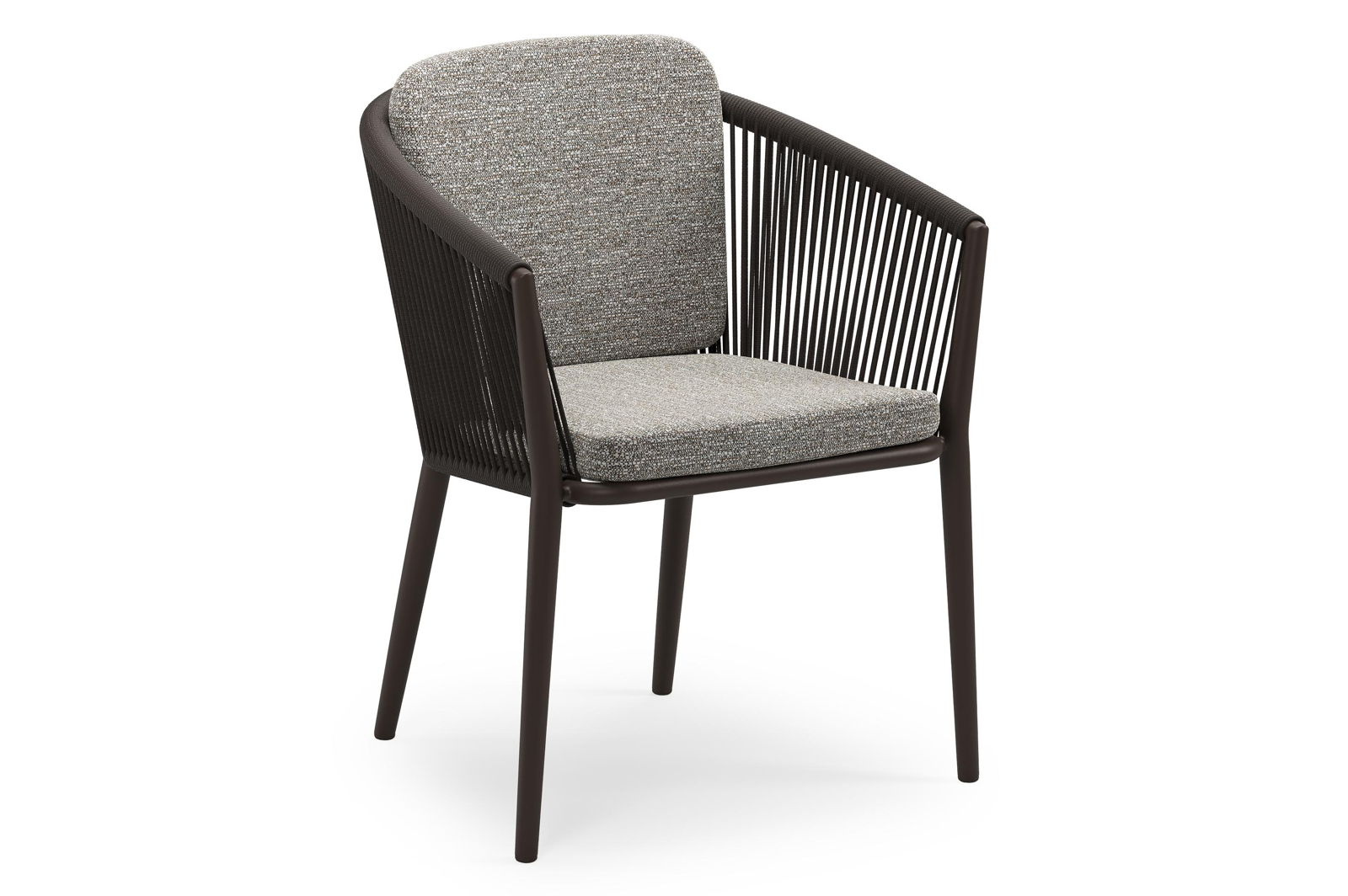 Orso stapelbare tuinstoel in donkerbruin aluminium en donkerbruin verticaal geweven ronde rope met stoelkussen in All Weather Sunbrella® Luxe Tundra Pepper