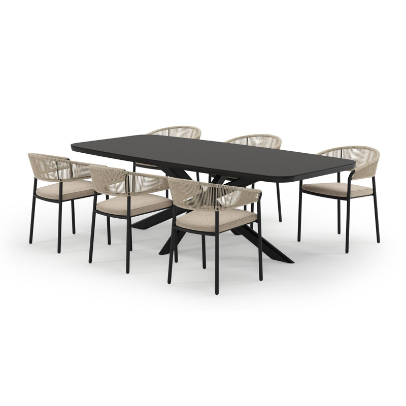 Pamplona bootvormige tuinset in zwart aluminium en sintered stone notte minerale met 6 Zamora tuinstoelen