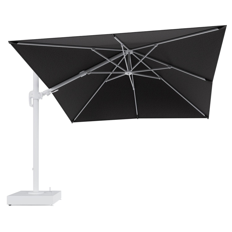 Rufina zweefparasol met tiltfunctie in wit aluminium en Firenze Tunder All Weather Solica parasoldoek - L1 300 x L2 300 cm met parasolvoet Minore 150 kg met wielen