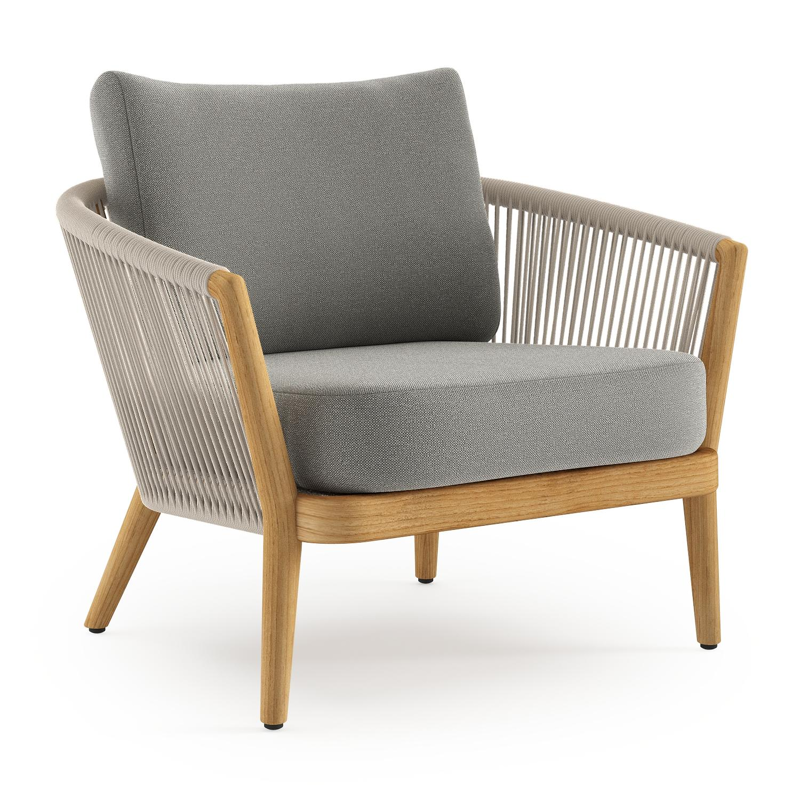 Orso loungestoel in teak en beige verticaal geweven ronde rope met Savane Zinc all weather sunbrella® luxe kussen