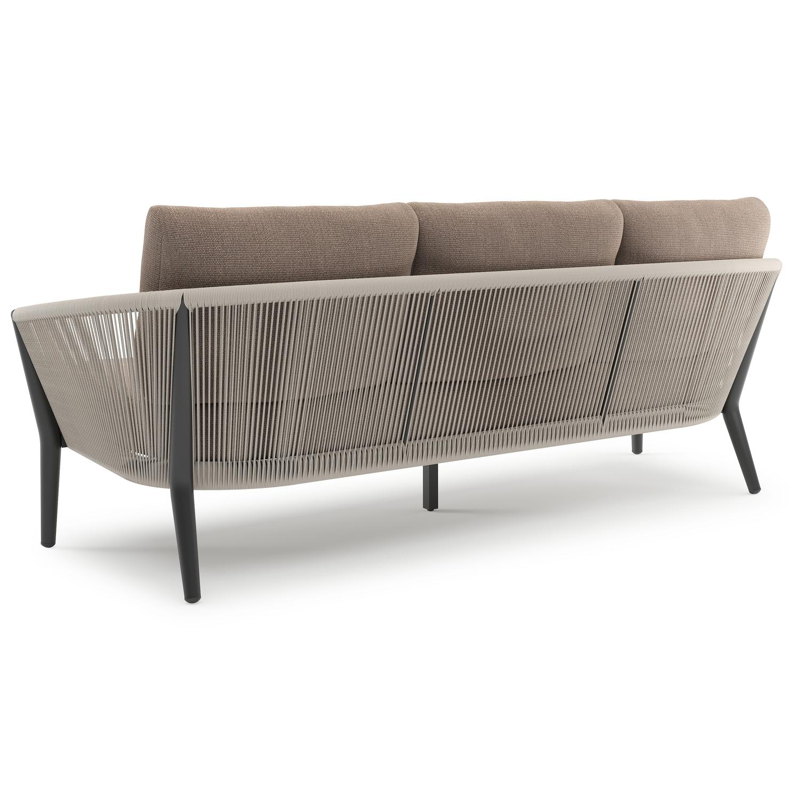 Orso loungebank in zwart aluminium en beige verticaal geweven ronde rope met Savane Earth all weather sunbrella® luxe kussen
