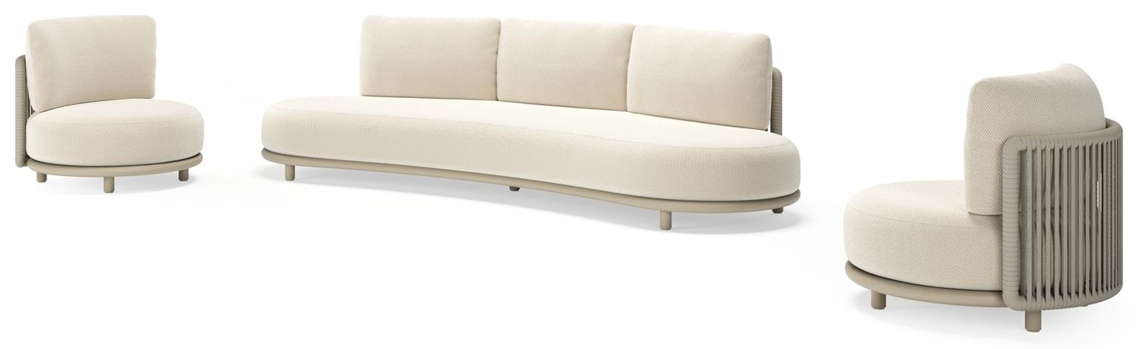 Lomano loungeset in beige aluminium en beige verticaal geweven luxe vlakke rope met Althea Off White all weather cosytica