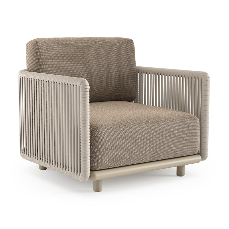 Organo loungestoel in beige aluminium en beige verticaal geweven luxe vlakke rope met firenze earth all weather Solica kussen
