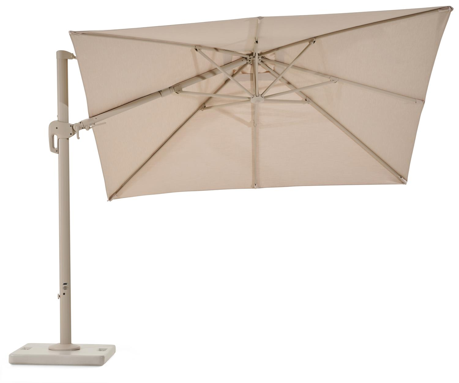 Rufina zweefparasol met tiltfunctie in beige aluminium en beige Sunbrella® Premium parasoldoek - L1 300 x L2 300 cm met Lapido parasolvoet 120 kg