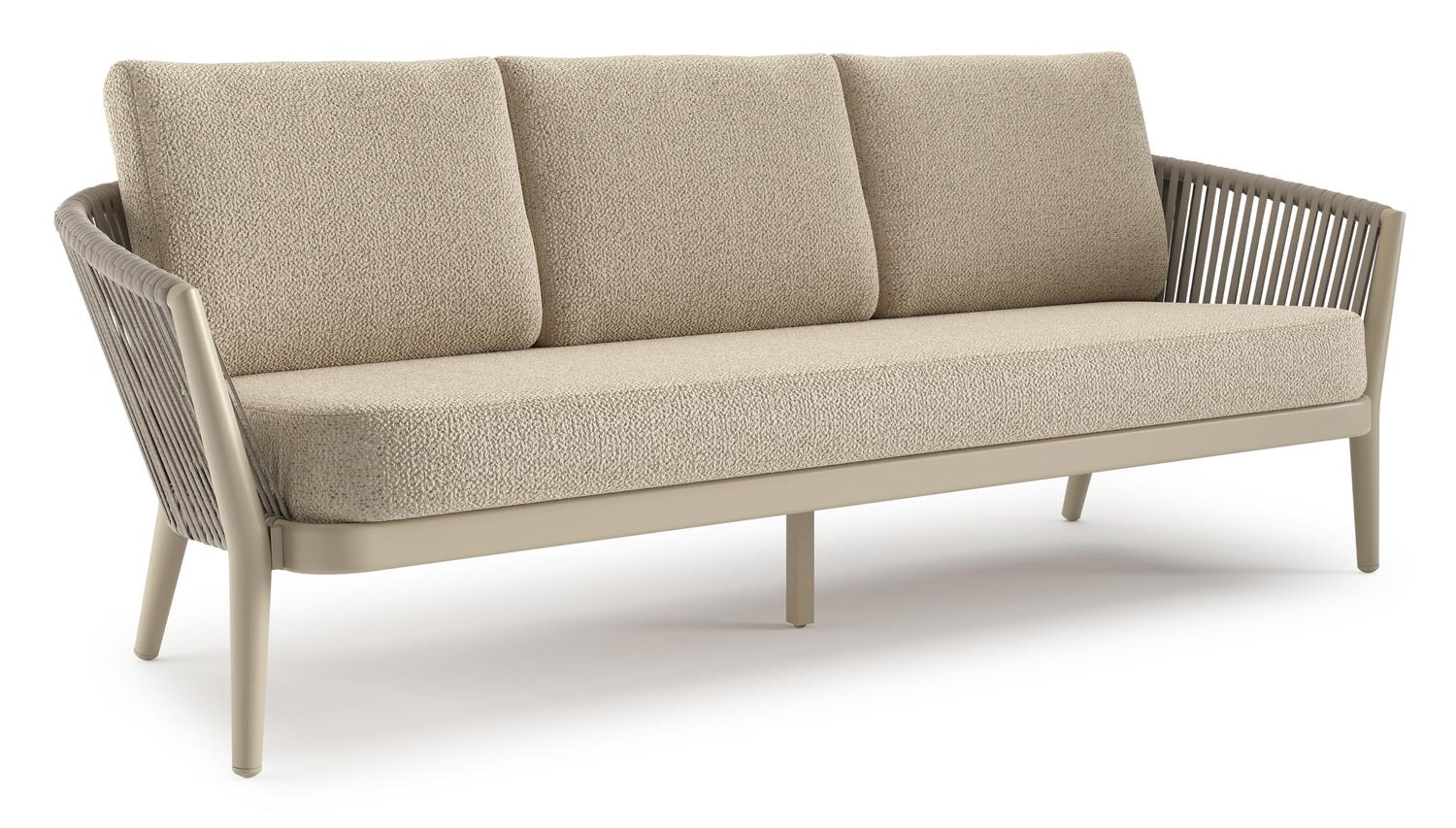 Orso loungebank in beige aluminium en beige verticaal geweven luxe vlakke rope met Bora Forest all weather cosytica kussen