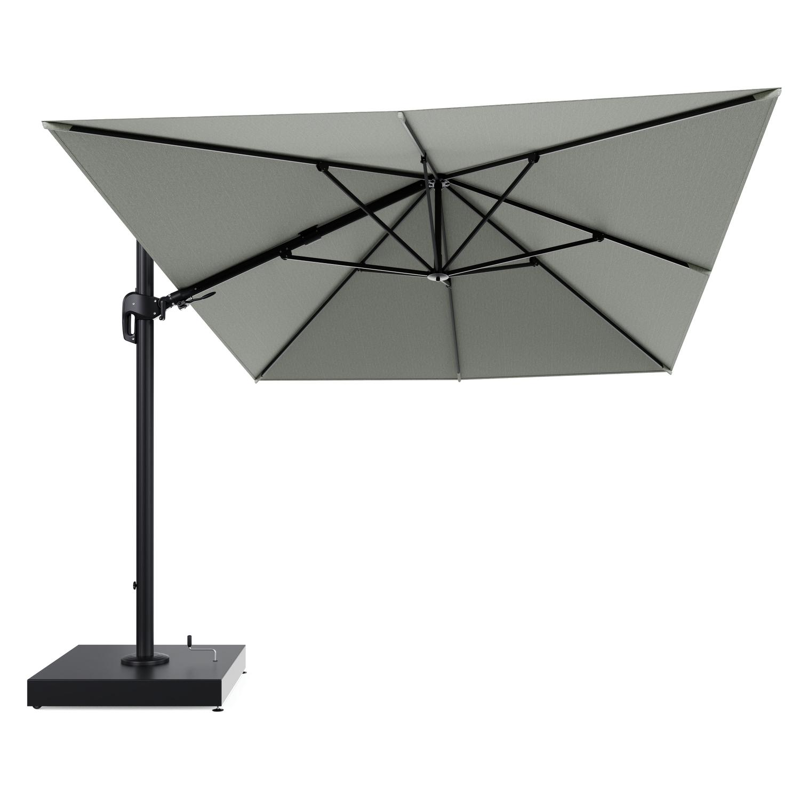 Rufina zweefparasol met tiltfunctie in zwart aluminium en Slow Spirea All Weather Sunbrella® Luxe parasoldoek - L1 400 x L2 300 cm met parasolvoet Minore 260 kg met wielen