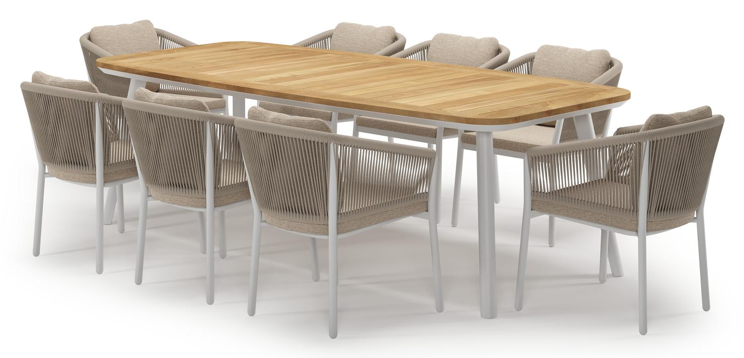 Mosa tuinset in wit aluminium en teak met 8 Gerona tuinstoelen