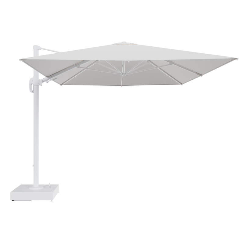Rufina zweefparasol met tiltfunctie in wit aluminium en Soul Optik All Weather Solica parasoldoek - L1 400 x L2 300 cm met parasolvoet Minore 150 kg met wielen