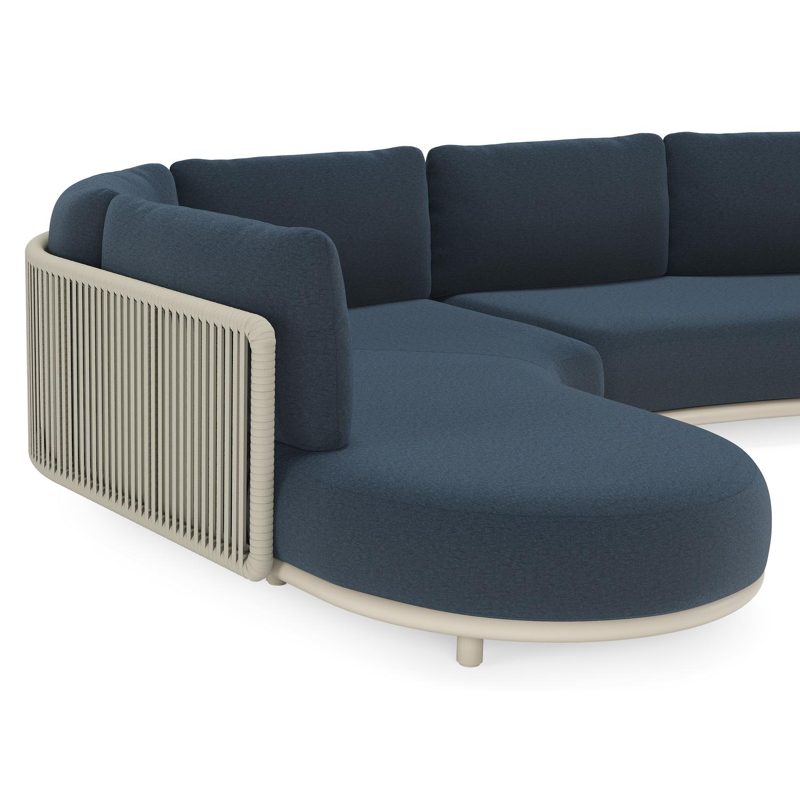 Lomano loungehoek in beige aluminium en beige verticaal geweven luxe vlakke rope met Heritage Indigo All Weather sunbrellaÂ® luxe