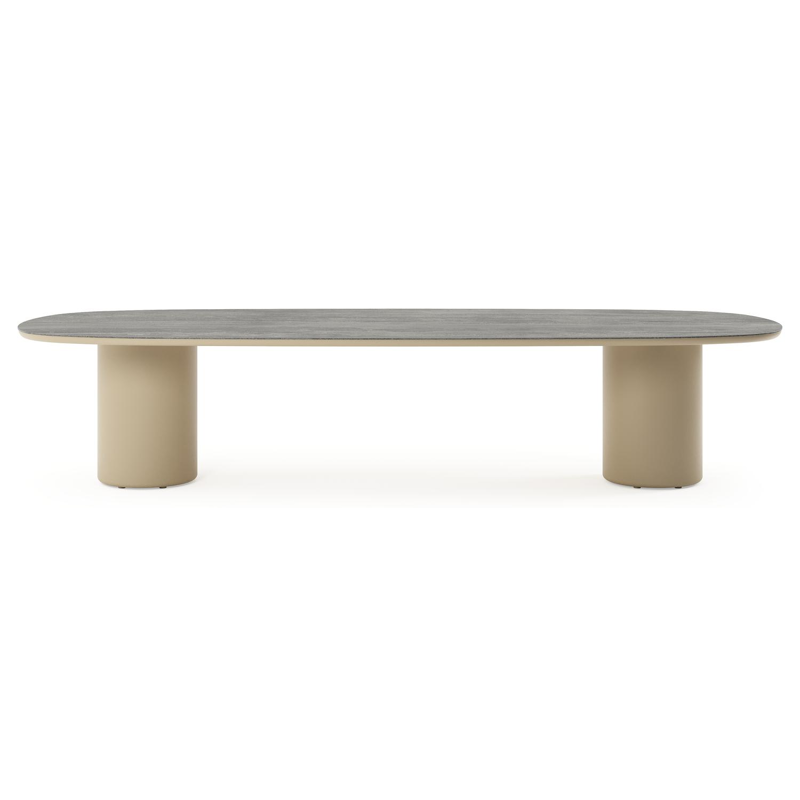 Amico low dining tuintafel bombo in beige aluminium en volkeramiek Aspen Grey - L 320 x B 130 x H 61 cm