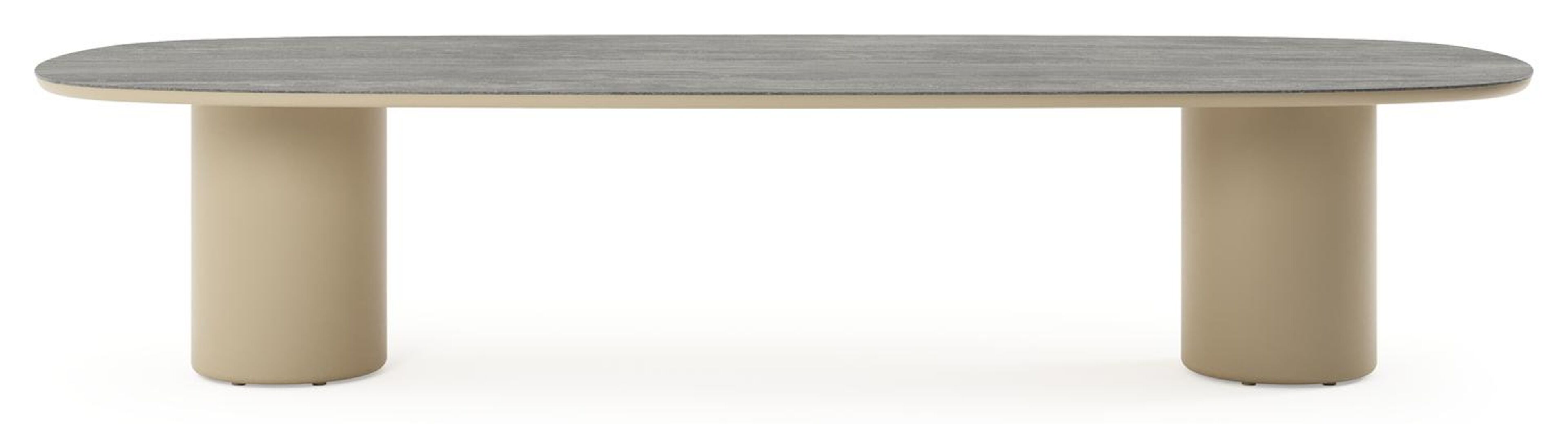 Table de jardin low dining Amico bombo en aluminium beige et céramique pleine Aspen Grey - Lg. 320 x Lrg. 130 x Haut. 61 cm