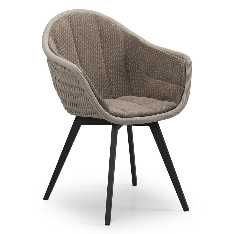 Pagino tuinstoel in zwart aluminium en beige verticaal geweven ronde rope met zitkussen in All Weather Sunbrella® Luxe Lopi Coconut