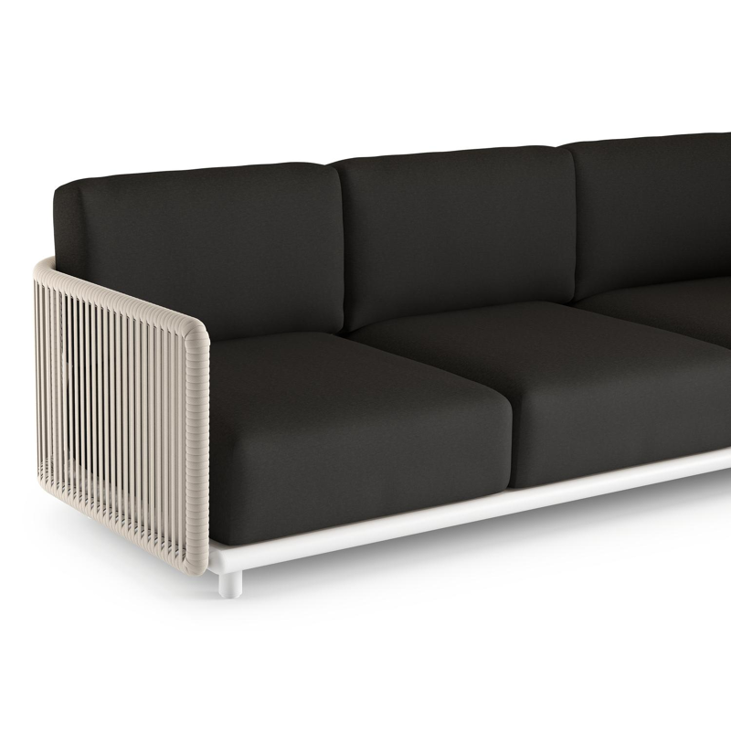 Organo loungehoek in wit aluminium en beige verticaal geweven luxe vlakke rope met heritage char all weather Sunbrella® luxe kussen