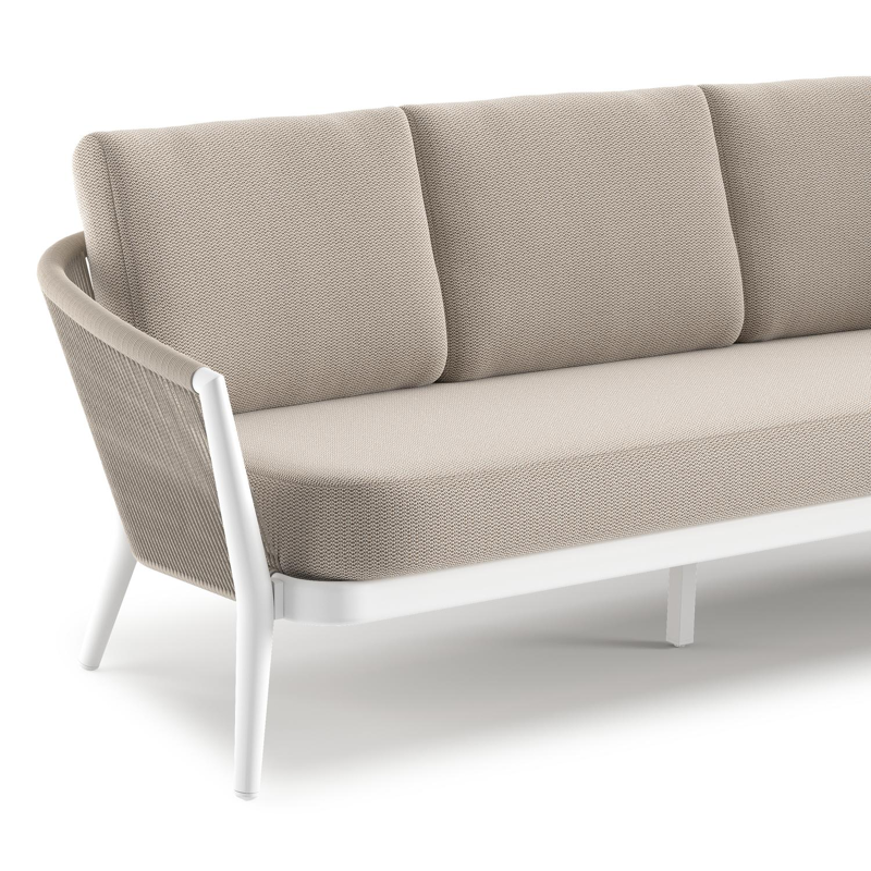 Canapé de jardin Orso en aluminium blanc en corde ronde tissée verticalement beige et coussins en all weather sunbrella® luxe Lopi Fossil