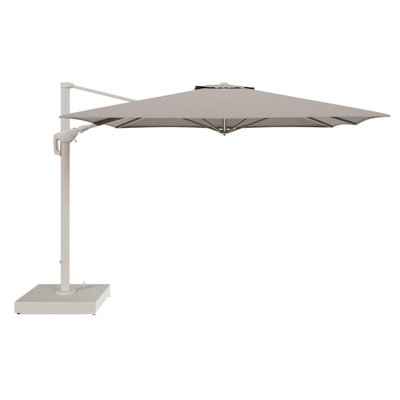 Minore zweefparasol met tiltfunctie in beige aluminium en Firenze Earth All Weather Solica parasoldoek - L1 350 x L2 350 cm met parasolvoet Minore 260 kg met wielen