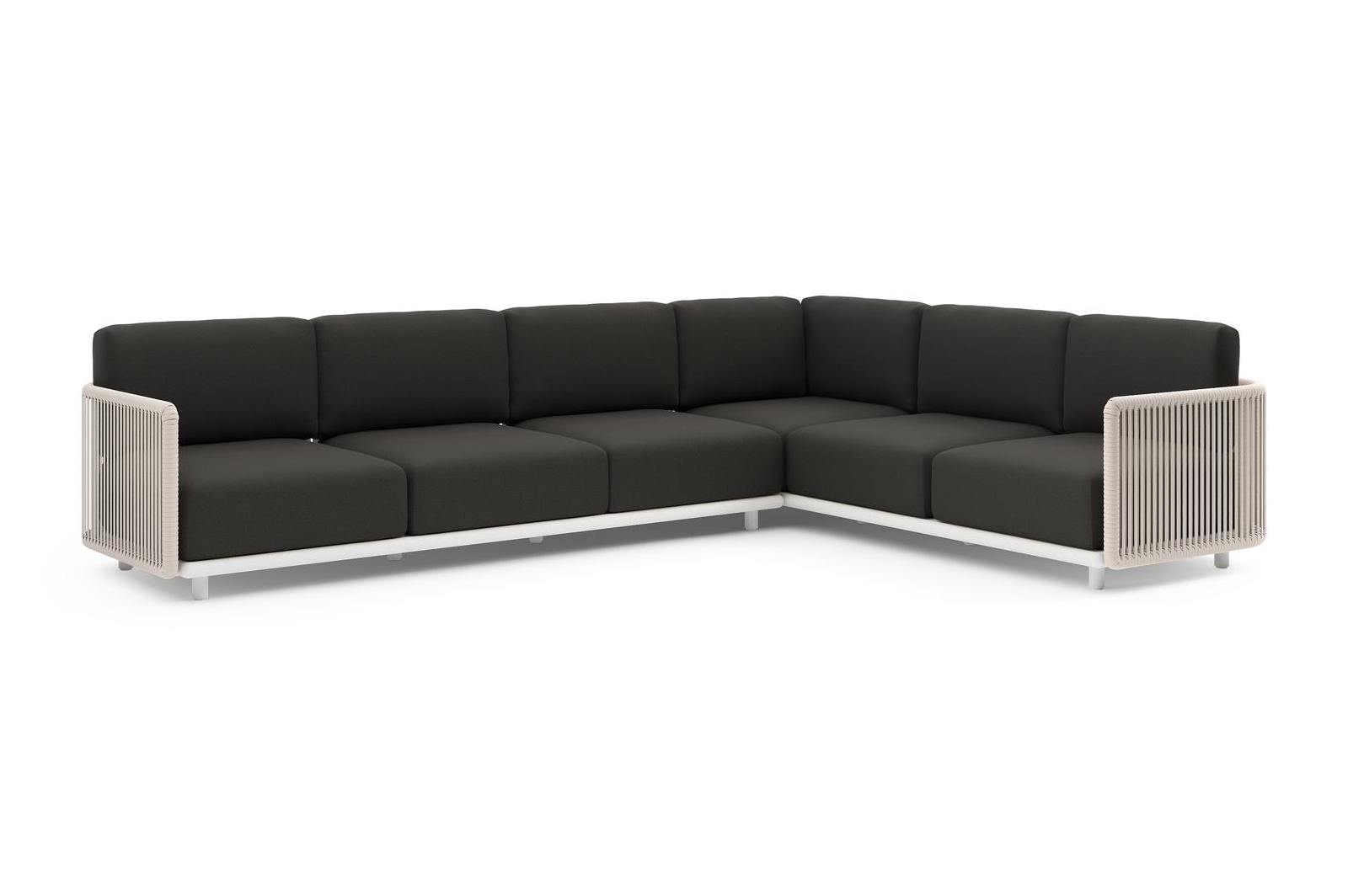 Organo loungehoek in wit aluminium en beige verticaal geweven luxe vlakke rope met heritage char all weather Sunbrella® luxe kussen