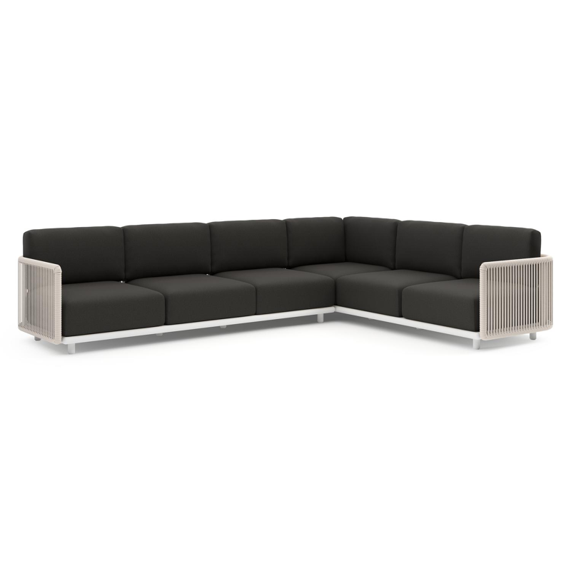 Organo loungehoek in wit aluminium en beige verticaal geweven luxe vlakke rope met heritage char all weather Sunbrella® luxe kussen