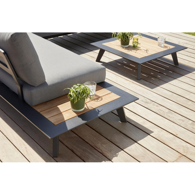 Puglia loungehoek in zwart aluminium en teak met grijs weather+ softtouch kussens