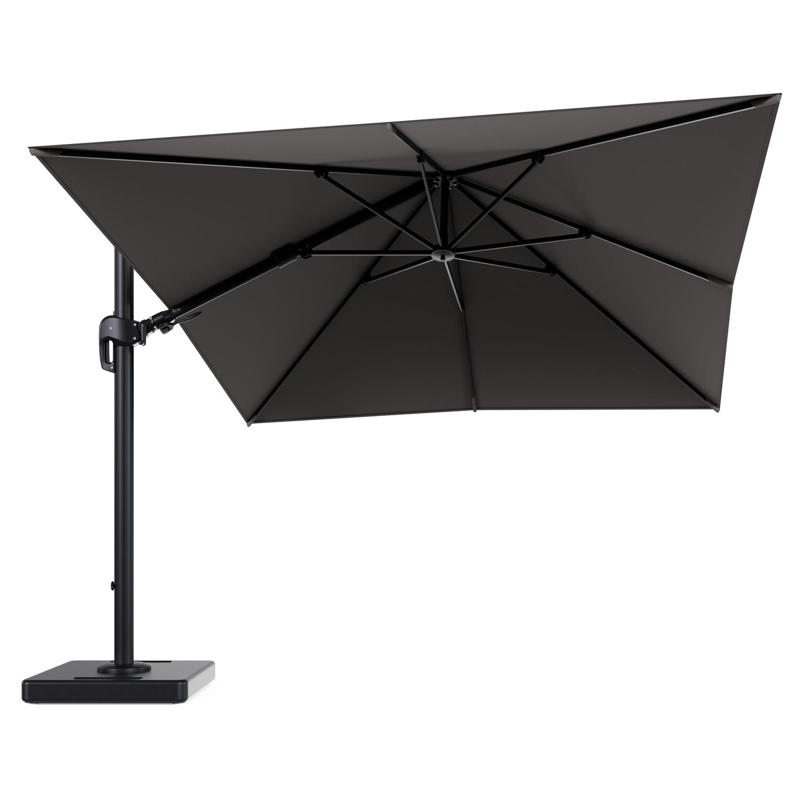 Rufina zweefparasol tiltfunctie in zwart aluminium en parasoldoek in All Weather Sunbrella® Luxe Natte Nature Grey - L1 300 x L2 300 cm met parasolvoet Lapido 160 kg
