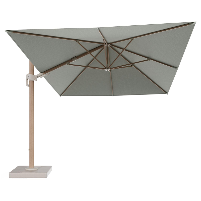 Rufina zweefparasol tiltfunctie in houtlook aluminium en parasoldoek in All Weather Sunbrella® Luxe Slow Spirea - L1 400 x L2 300 cm met parasolvoet Lapido 160 kg