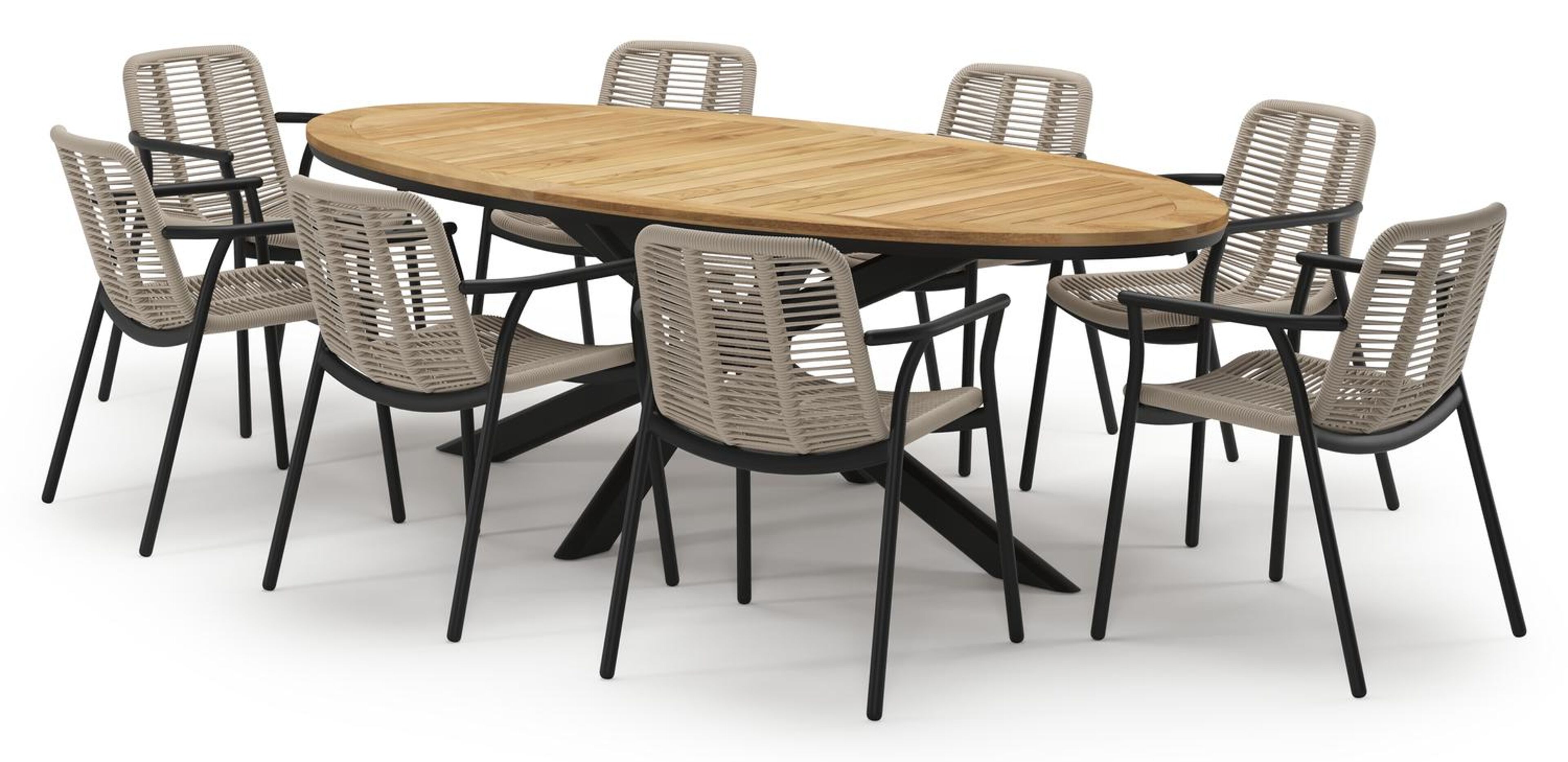 Pamplona tuinset in zwart aluminium en teak met 8 stapelbare Berga tuinstoelen
