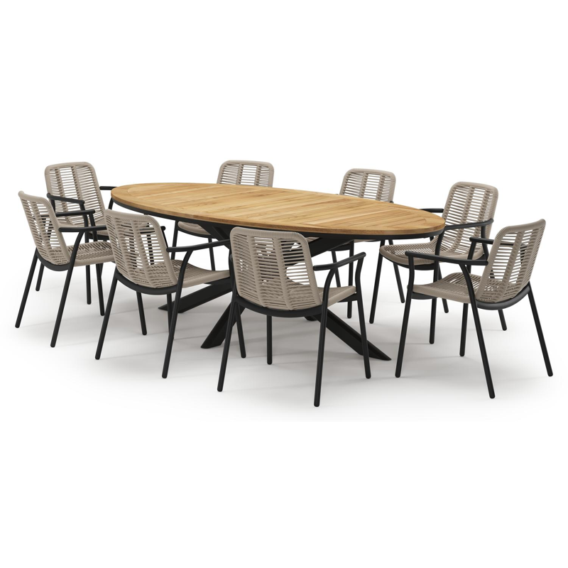 Pamplona tuinset in zwart aluminium en teak met 8 stapelbare Berga tuinstoelen