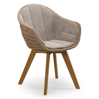 Chaise de jardin Pagino en teck naturel et résine tressée ronde naturel avec coussin en All Weather Sunbrella® Luxe Wander Manioc