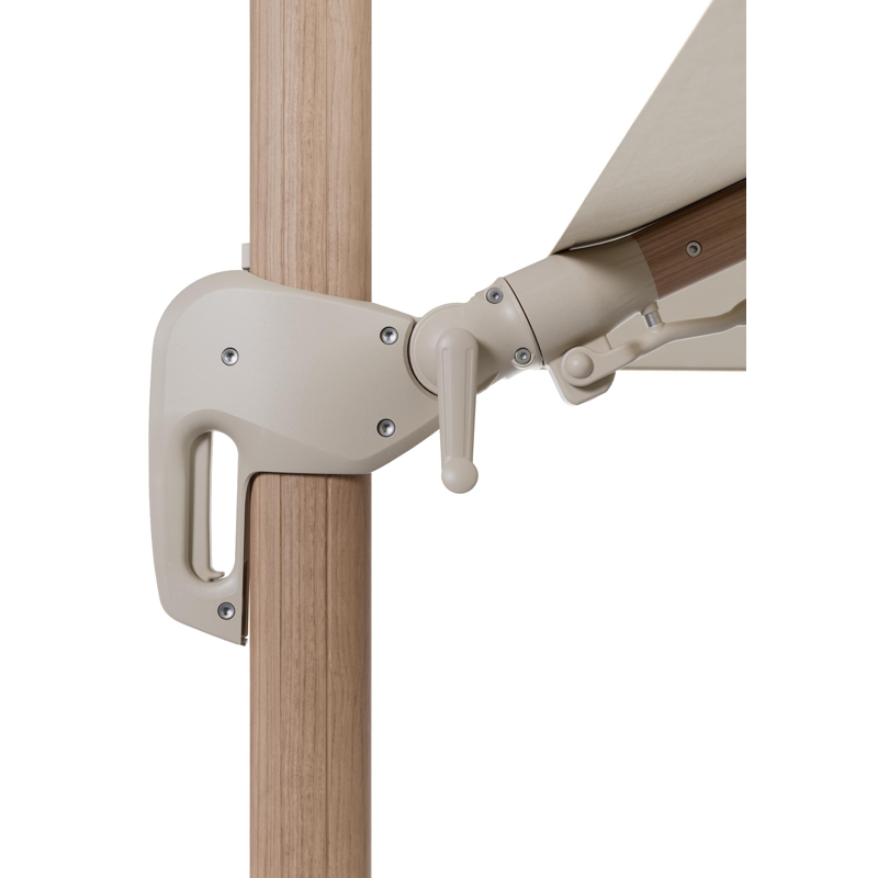 Rufina zweefparasol met tiltfunctie in aluminium houtlook met beige all weather sunbrella® premium parasoldoek - L1 400 x L2 300 cm met parasolvoet Lapido 160 kg