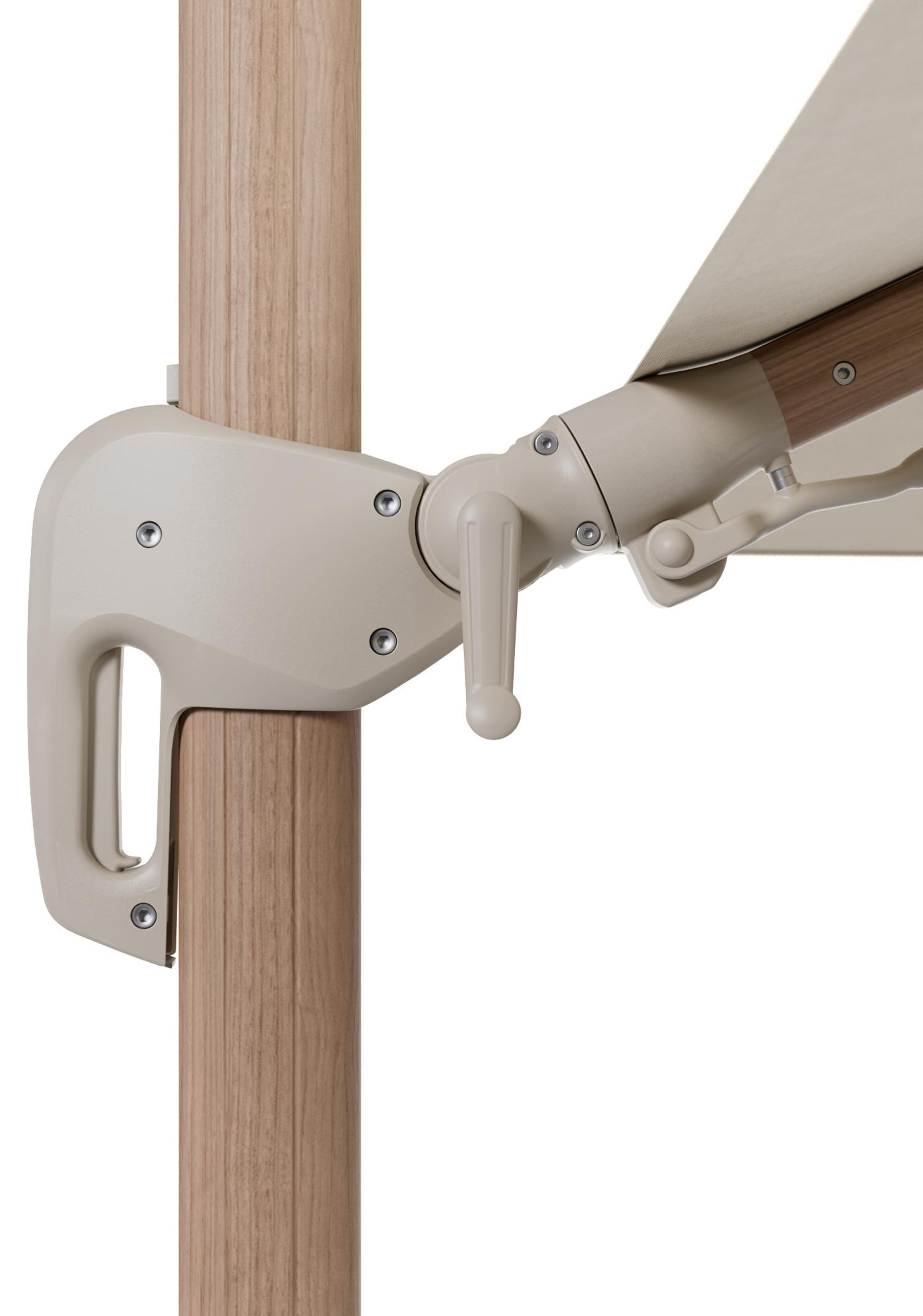 Parasol pendant Rufina en aspect de bois aluminium avec fonction tilt et toile de parasol en all weather sunbrella® premium beige - Lg.1 400 x Lg.2 300 cm avec pied de parasol Lapido 160 kg