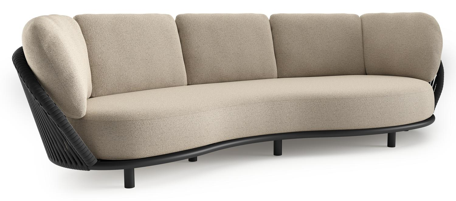 Lupino loungebank in zwart aluminium en zwart verticaal geweven luxe vlakke brede rope met marbella beige all weather cosytica kussen