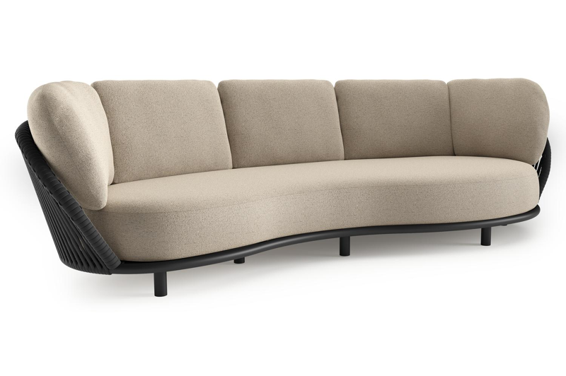 Lupino loungebank in zwart aluminium en zwart verticaal geweven luxe vlakke brede rope met marbella beige all weather cosytica kussen